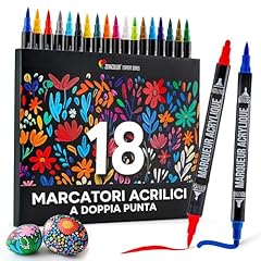 Zenacolor Pennarelli Acrilici a Doppia Punta (Fine e a Pennello) - 18 Colori per Diverse Superfici e Opere d'Arte - Pennarelli Acrilici per Dipingere Sassi