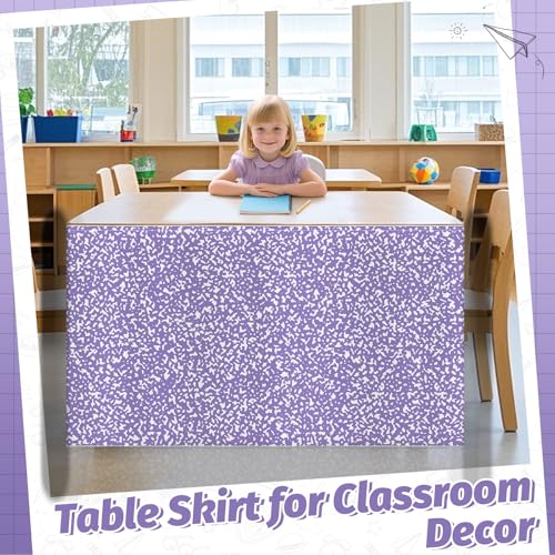 Image of 9FT Purple and White Composition Table Skirt Teacher Desk Skirt for Composition Notebook Classroom Decor Rectangle Table Cover for Back to School Party Supplies Kindergarten Office Bookcase Cabinet