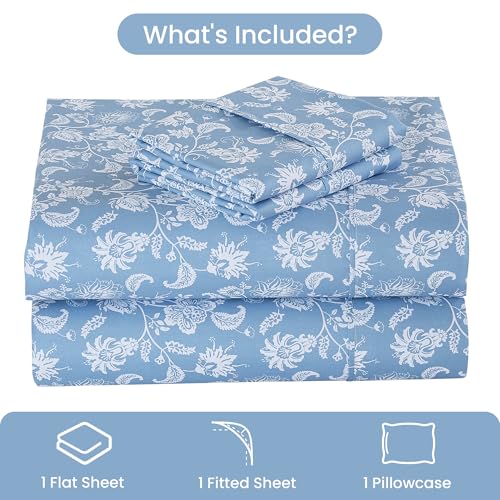 Image of Mooreeke Cozy Vintage Microfiber Printed Twin Sheet Set - Soft & Breathable Blue Paisley Bed Sheets with Extra Deep Pocket - Non-Slip Fitted Design - Blue Flower Pattern - Twin