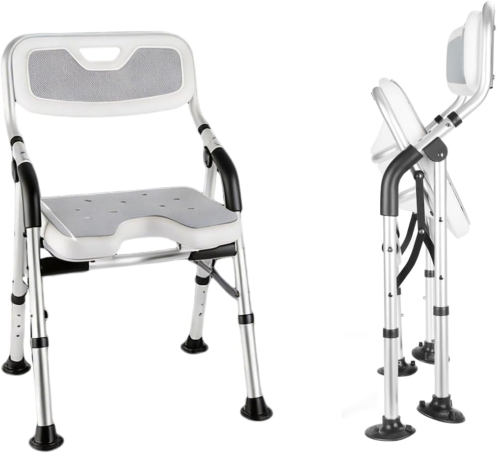 DEWEL Folding Shower Chair, Height Adjustable Non-Slip Shower Seat, 150kg Weight Capacity, Tool-Free Installation, Shower Head Holder with Back & Arms for Elderly, Disabled, Pregnant(Grey)
