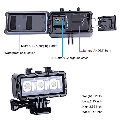 Suptig Diving Light High Power Dimmable Waterproof Led Video Light Fill Night Light Diving Underwater Light Waterproof 147Ft(45M) For Gopro Hero 9 Hero 8/ Hero 7/Hero 5/6/5S/4/4S/3+/2/ Akaso Yi Action #TOP2