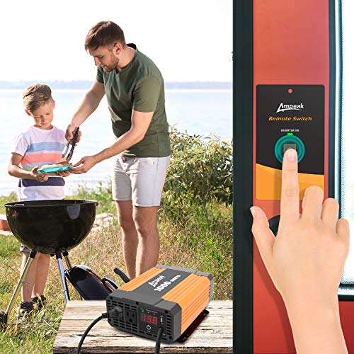 Ampeak 1000W Power Inverter 12V DC to 110V AC with 2 AC Outlets and USB Port Remote Control Car Converter