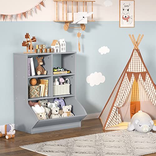 Aheaplus Toy Storage Organizer With Bookcase, 5 Cubby Bookshelf Toy Storage Cabinet, Open Multi-Bins Toys&Books Storage Display Organizer For Playroom, Bedroom, Nursery, School, Grey #TOP3