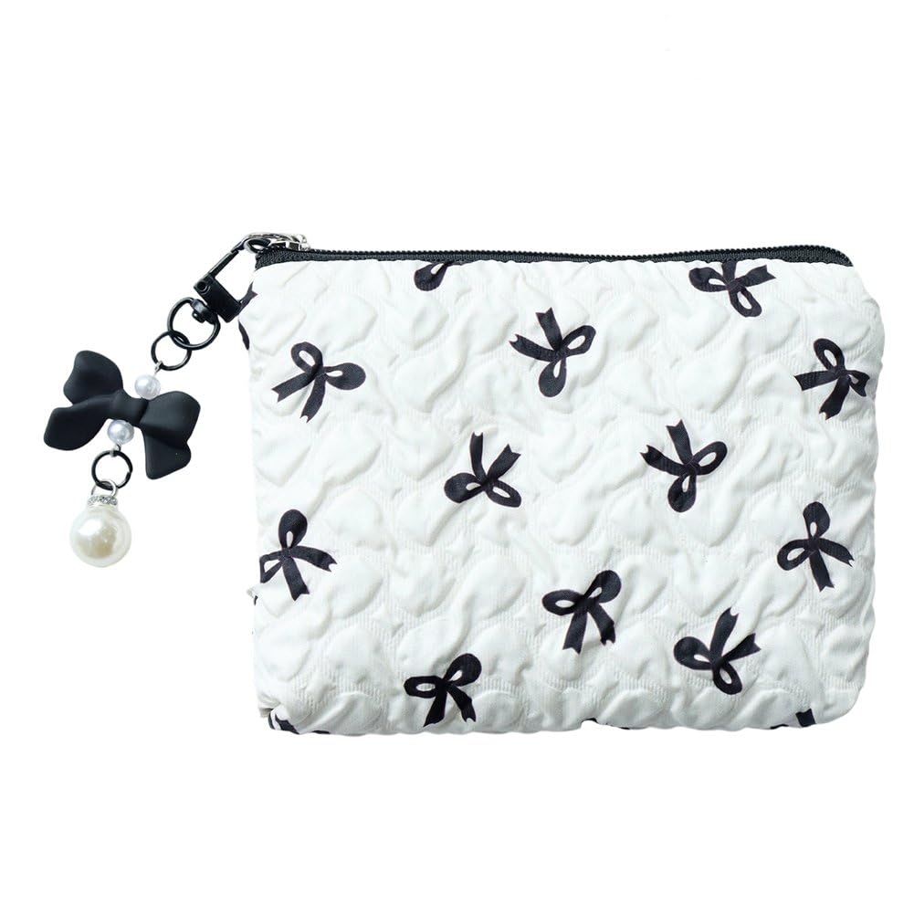 Makeup Bag, Cute, Small, Bowknot Ribbon, Makeup Pouch, Coin Purse, Storage Bag, Fluffy, Cosmetic Pouch, Toiletry Bag, Random Pendant, For Women (White) - white