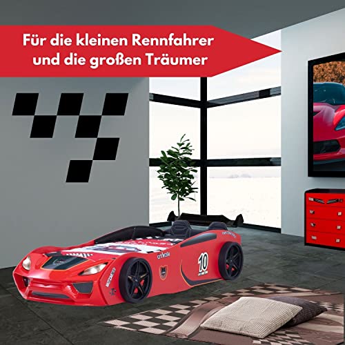 Coemo Autobett Dream Racer Sport Rot Kinderbett im Rennauto-Design mit Lattenrost 90x200 Kunstleder Sportsitze, Spoiler mit Aufklebern, LED Beleuchtung Spielbett für Jungen und Mädchen