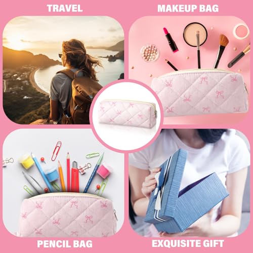 Image of Sherr Coquette Bow Pencil Case Pink Bow Cute Pencil Pouch Soft Cotton Storage Bag Aesthetic Pattern Gift Makeup Pouch Cosmetic Travel Bag for Women