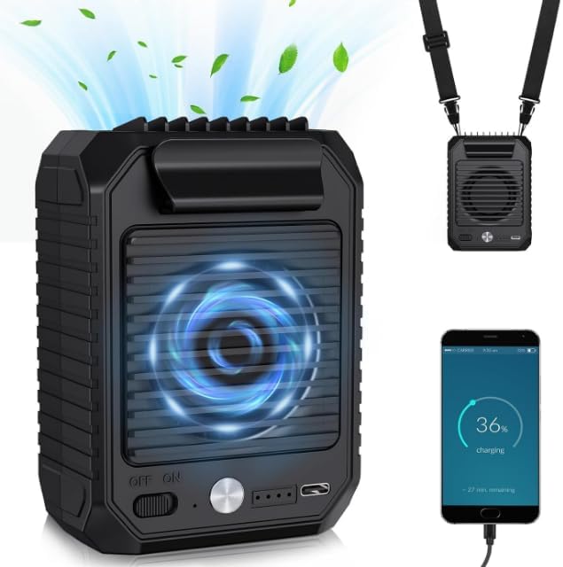 deller portable fan rechargeable personal fan with 10000mah waist clip on, 24h runtime 3-speed hands-free shirt fans, 6500rpm wearable neck fans for outdoor, camping, hiking, travel black-01