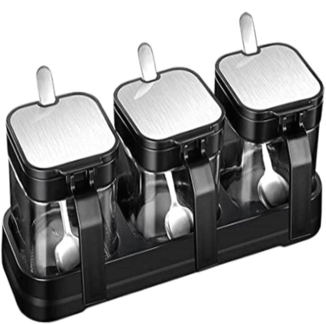 Salero Y Azucarero Cocina Conjunto De Contenedores Almacenamiento Especias, Caja Condimentos Transparente, Tarros Vidrio, Sal Y Azucarero Con Cuchara Caja De Almacenamiento