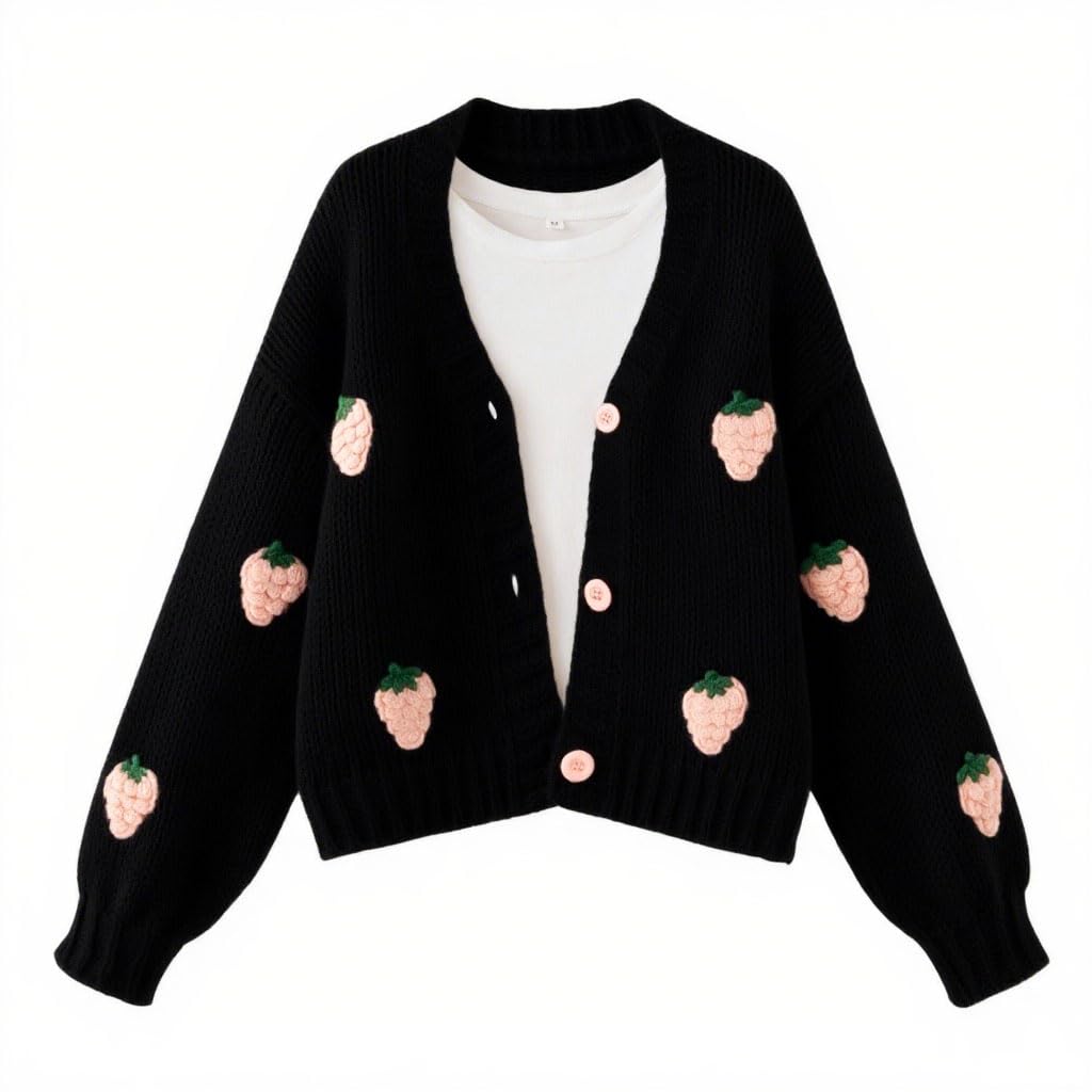 FindThy Women’s Kawaii Strawberry Embroidered Cardigan Long Sleeve V Neck Chunky Knitted Cardigans Tops