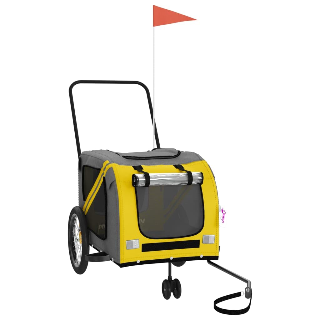 vidaXL Pet Bike Trailer, Pet Cart Carrier for Small Dogs, Pet Bike Trailer with Flag, Dog Bicycle Wagon, Yellow and Grey Oxford Fabric and Iron