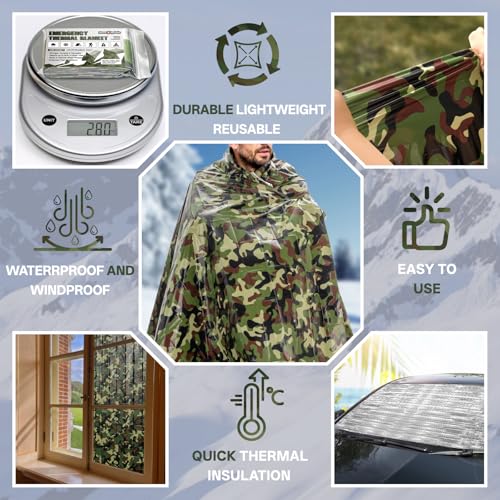 Image of SecuCaptain Survival Emergency Thermal Blankets: Thicken 28um Space Mylar Blanket Kit for Outdoor Cold Winter Camping, Hiking, Car Bug Out Bag, or First Aid - Woodland Camo 4 Pack