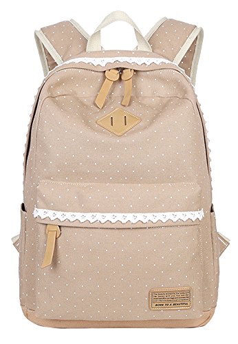 5 ALL Fashion Mädchen Schulrucksack Damen Canvas Rucksack Teenager Baumwollstoff Schultasche Outdoor Freizeit Daypacks mit Schicker Lace QXT-6066 (Khaki)