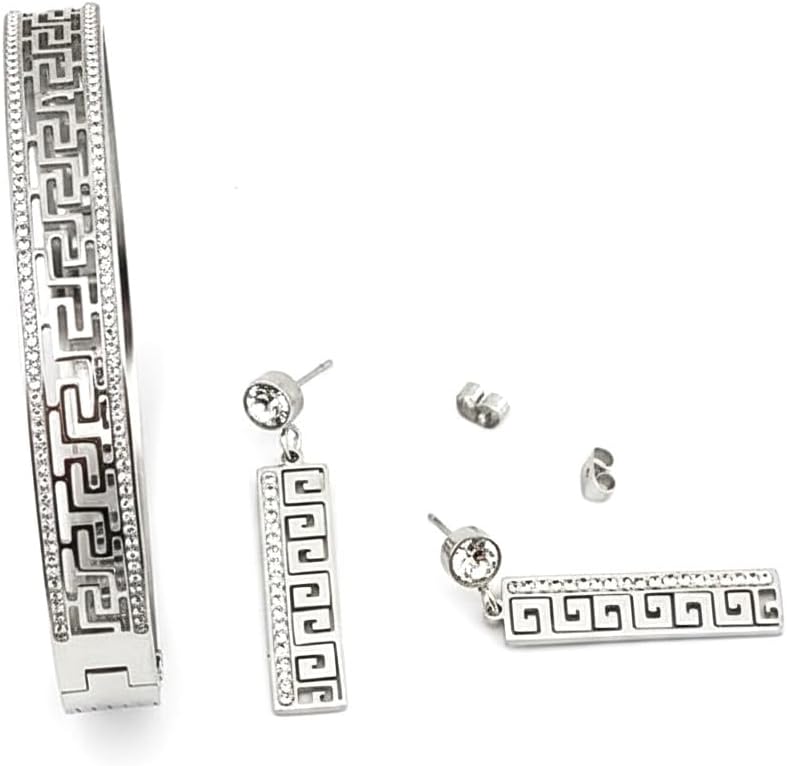 Pierre Lorren HANDMADE Fine Greek Jewelry SET Diamond Eternity Bangle Bracelet Greek Meander Earrings Gold Greek Jewelry 18kt Gold 272 Crystal Diamonds Graduation ETERNITY SUCCESS gift