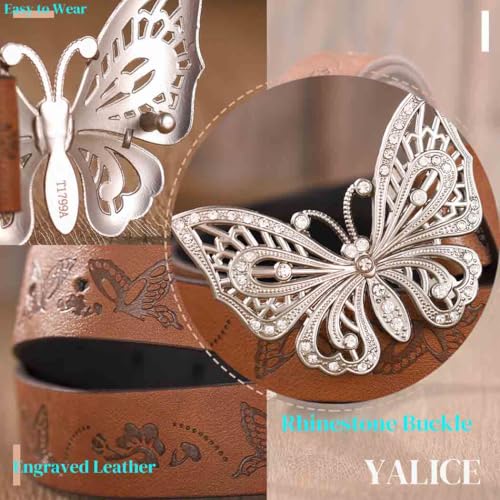 Yalice Brown Western Belt for Women Butterfly Buckle Leather Belt Country Cowboys Cowgirls Belts3