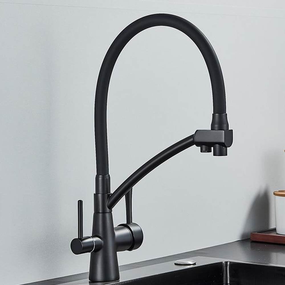 FCXWEVR Brushed Gold Pull Down Kitchen Faucet Deck Mount Filtered Water Tap with Hot & Cold Mixer Matte Black Finish Perfect for Modern Kitchens & Purification Needs