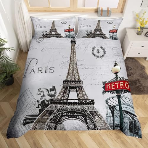 Housse de Couette 140x200 Paris, Parure de Lit Tour Eiffel 1 Personne, Imprimée Microfibre Housse...