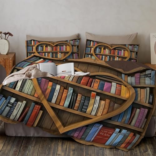 SMBHIAON Juego De Funda Nórdica De Microfibra Suave,200X200Cm, con 2 Fundas De Almohada,Literatura Clásica,Forma Geométrica Corazón Diseño Estantería,Marrón