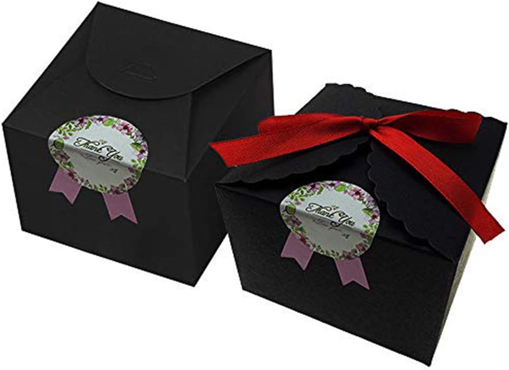 PACKFAN Pack of 16 Kraft Treat Boxes with Ribbons and Sticker, Recycled Card Box for Cake, Cookies, Goodies, Candy, Cupcake, Holiday Party Birthday Homemade Favor, 3.5 x 3.5 x 2.3 Inch, Black Kraft