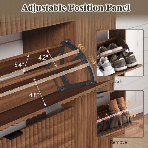Image of Shoe Cabinet Storage for Entryway with 3 Flip Drawers & Side Cabinet, Fluted Narrow Shoe Organizer with Wooden Leg, Freestanding Shoe Storage Hidden Shoe Rack Organizer for Front Door Entrance, Walnut