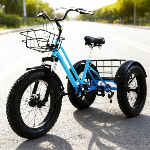 LJYKBFL Triciclo de montaña para Adultos, Triciclo de 7 velocidades, Triciclo Todoterreno de 20 Pulgadas con neumáticos Anchos y Cesta de la Compra, Ideal para Hombres y Mujeres.