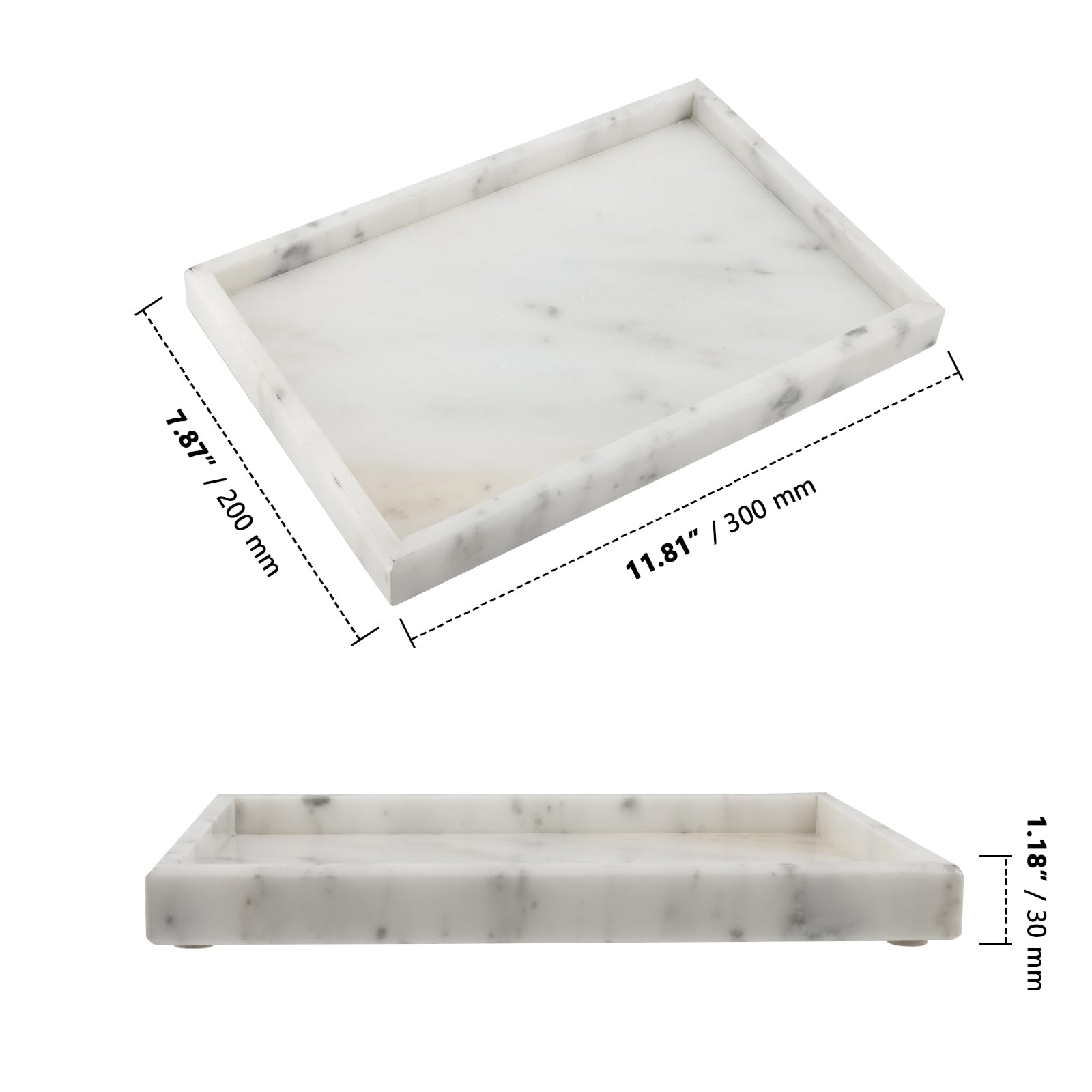 ZOENHOU Plateau en pierre de marbre naturel 30 x 20 cm, plateau rectangulaire blanc étoilé pour salle de bain, plateau de rangement pour réservoir de toilette, plateau décoratif de coiffeuse support