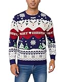 Bresdk Jersey Navideño Hombre Divertido Suéter Navidad de Punto con Reno y Copos de Nieve Ropa Navideña para Fiesta Invierno Cálida Ugly Christmas Sweater Azul XL