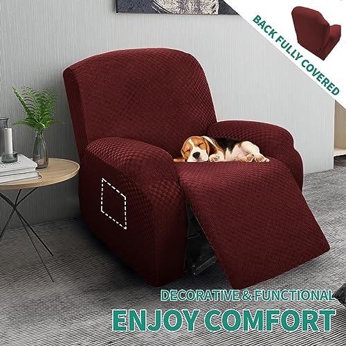 Image of YEMYHOM 4 Pieces Stretch Recliner Slipcover Jacquard Recliner Chair Cover with Side Pocket Anti-Slip Fitted Recliner Cover Couch Furniture Protector with Elastic Bottom (Recliner, Wine Red)