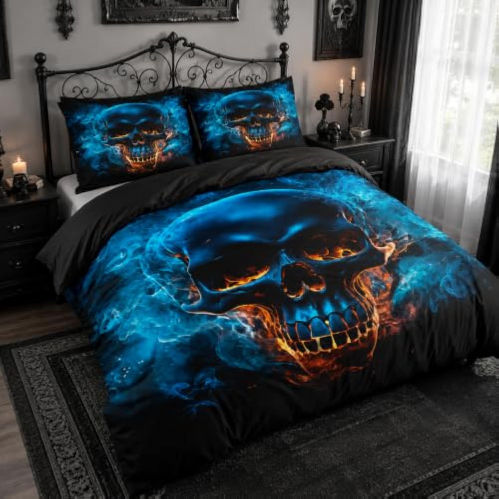 Blue Color Skull Duvet Cover Set Queen Size Gothic Comforter Cover