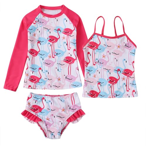 Image of Jurebecia Little Girls Flamingo Swimsuit Bikini 3 Piece Bathing Suit Kids Long Sleeve Rash Guard Set Summer Beach Tankini Swimming Pool Party Water Sport Swimwear Pink Size 9-10 Years