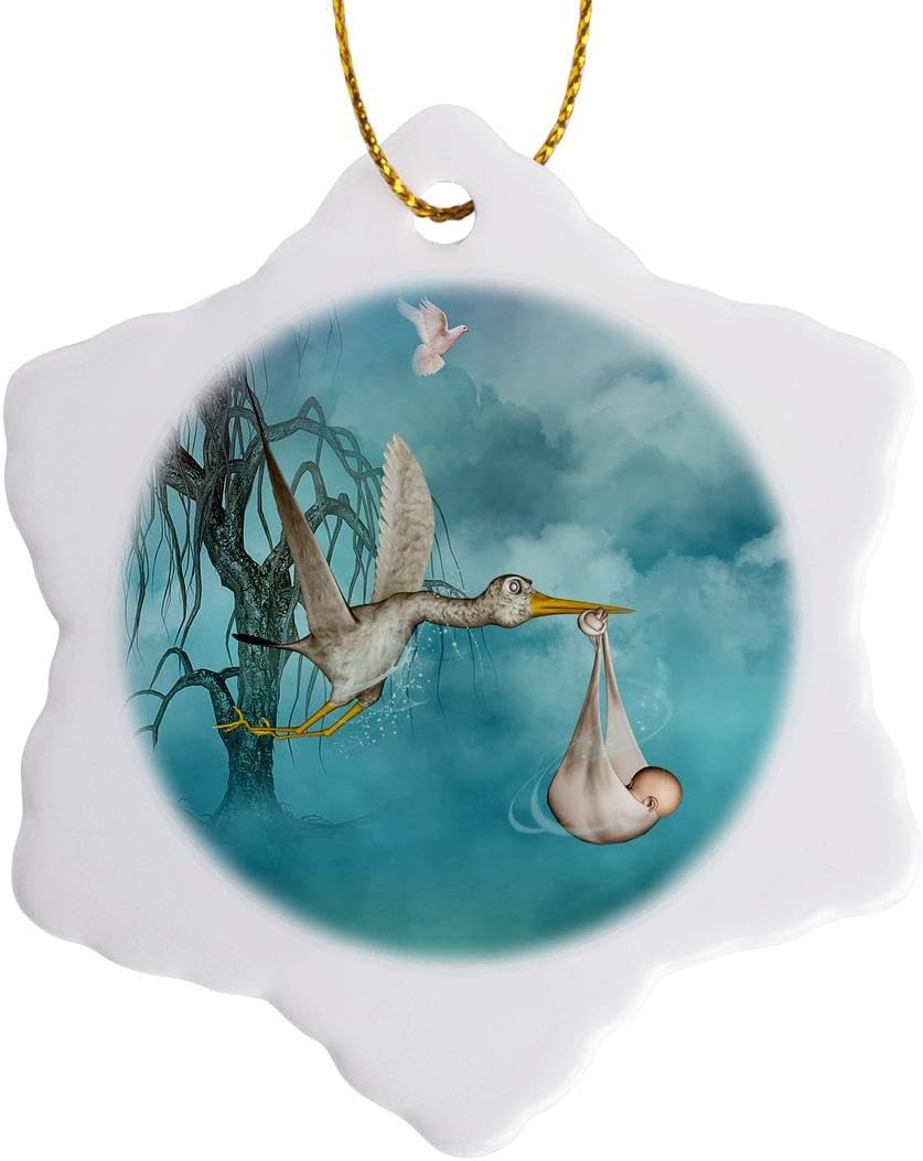 3dRose Funny Stork with Baby 3 inch Snowflake Porcelain Ornament