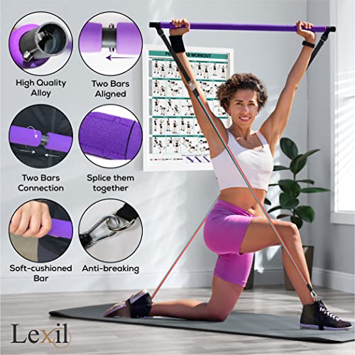 LEXIL Draagbare Pilates Bar Oefenkit - Stapelbaar 3 paar weerstandsbanden (15, 20, 30 lbs) - Home Gym Apparatuur voor Mannen en Vrouwen, Workout Kit voor Body Toning, met Fitness Video (Paars). - Afbeelding 5