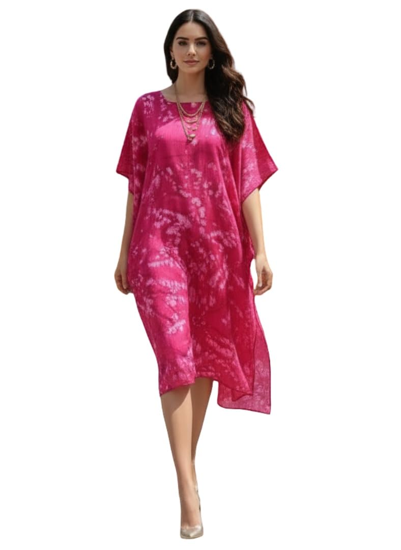 maaesa Women Dark Pink Handcrafted Tie & Dye Rayon Kaftan Dress | Casual Wear | Lightweight & Breathable Fabric-picture-2