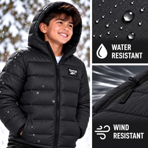 Reebok Boys Winter Coat, Kids Lightweight Packable Puffer Jacket with Hood | Wind and Water Resistant Quilted Fall Jacket, Insulated Hooded Outerwear, Zip Up With Zip Pockets, Warm for School and Play - image 5