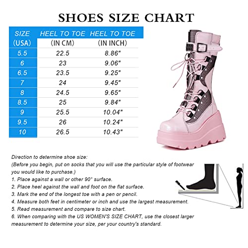 Mikarka Womens Holographic Platform Mid Calf Combat Boots Lace Up Wedge Heel Studded Goth Knee High Boots #TOP5