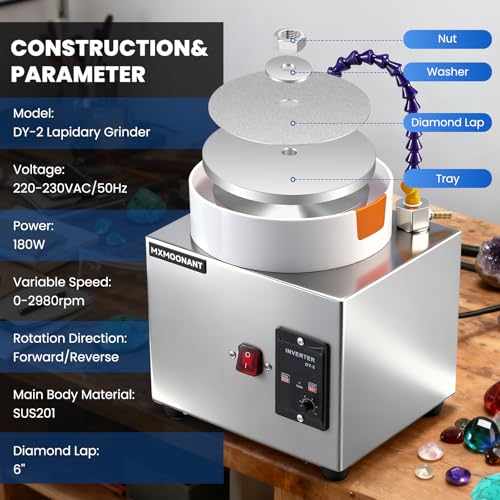 Mxmoonant 6-Zoll-Flachschleifmaschine 2980 U/min mit 5 Schleifscheiben, einstellbare Richtung und Geschwindigkeit, ideal für Edelsteine