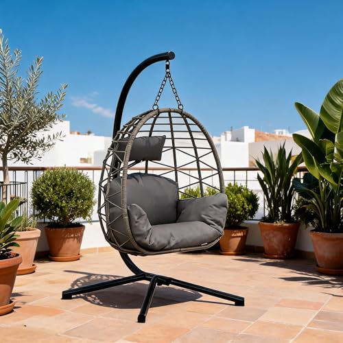 GarveeMore Sillón Colgante con Estructura para Exterior e Interior, Resistente hasta 130 kg, Rattan PE con Soporte de Metal y Cojines ergonómicos, Ideal para jardín, terraza y Balcones - Gris