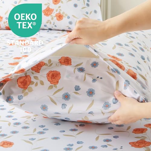 Image of MUXHOMO Full Size 4 Piece Sheet Set, Soft Sheet Set for Bedroom with Deep Pocket Up to 16 inch, Wrinkle-Free Bed Sheet with Flat Sheet, Fitted Sheet & Pillowcases - Orange Blossom