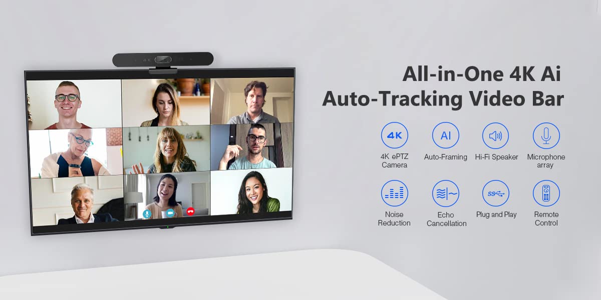 EagleBar Pro2 Caméra de visioconférence 4K ePTZ AI Face Tracking Haut-Parleur Microphone conférence télécommande Compatible Zoom MS Teams OBS