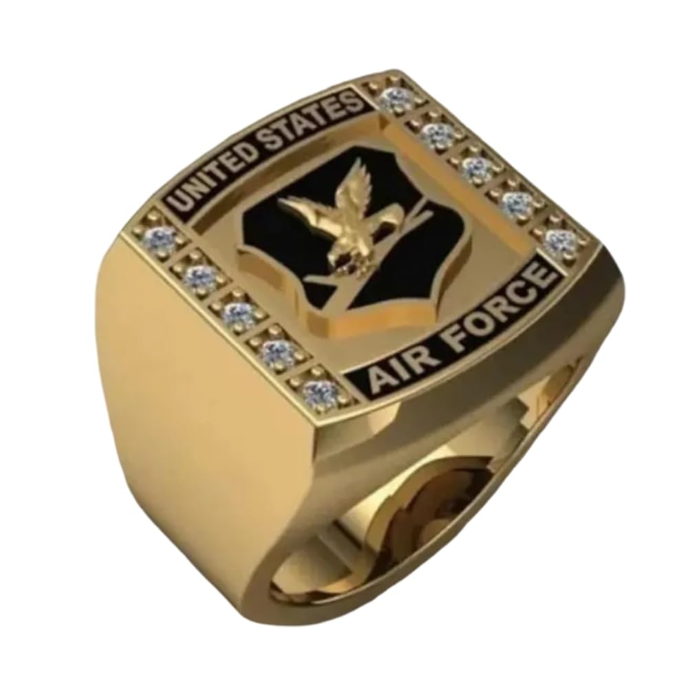 United States Airforce Mens Statement Ring US Military Marine Cops Eagle Emblem Army Ring 14K Yellow Gold Over 925 Sterling Silver Enamel Deco Dad's Army Ring Handmade Veteran Gift For Him