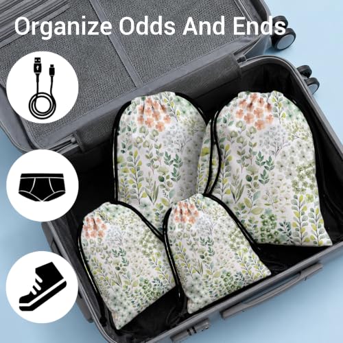 Image of Drawstring Bag Green Leaves Flowers Waterproof Storage Bags for Travel Pool Cycling