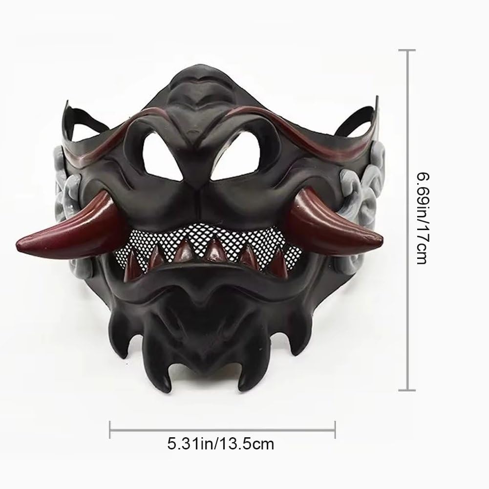 Máscara De Samurái Oni – Demonio Japonés Aterrador – Disfraz De Halloween Y Cosplay – Media Máscara Con Bandas Ajustables – TPR