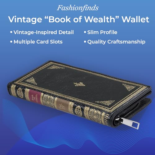 SAGEFINDS Vintage “Book of Wealth” Wallet | Multi Card and Cash Holder | Magnetic Clasp Closure and Zip Around | Vinyl | 4” x 7.5”2