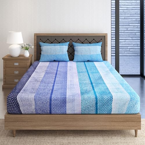 Image of Swayam Pure Cotton King Fitted Bedsheet with 2 Pillow Covers | Size 72 x 78 x 10 inch | 160 TC | Striped Design | Soft Breathable Bed Sheet | Comfortable & Durable for Bedroom - Blue