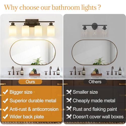 Image of Indoi 4-Light Bathroom Light Fixtures, Oil-Rubbed Bronze Modern Vanity Lights with Milky White Shades, Bathroom Wall Lamp for Mirror Living Room Cabinet Bedroom Porch
