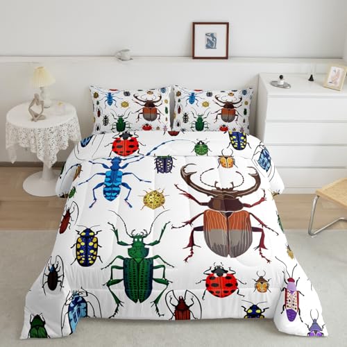 Image of Feelyou Kids Bug Comforter Queen Boys Flying Bugs Pattern Comforter Set for Girls Children Colorful Beetle Collection Decor Bedding Set Soft Lightweight Nature Animal Bed Set 1 Comforter 2 Pillow Case