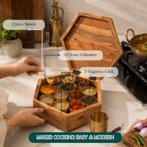 Image of Rasika Acacia Wood & Brass Masala Box with 12 Brass Containers | 150ml Brass Spice Bowls | Handcrafted Wooden Masala Box Organizer | Kitchen Spice Storage Box | 10.5 x 11.5 x 3.75 Inches