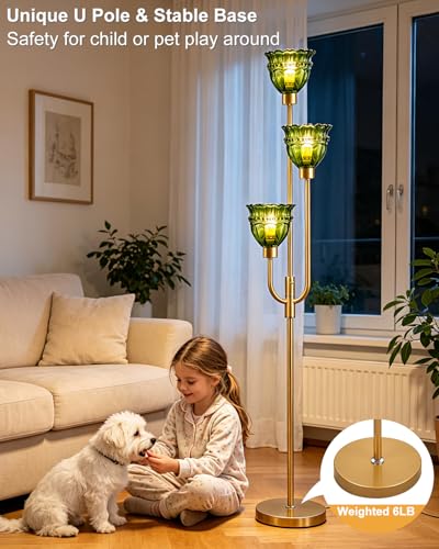 Image of Lightdot 66IN 3-Lights Modern Glass Floor Lamp Gold Dimmable Floor Lamps with 3000K Warm White Bulbs for Wedding Party Tall Standing Lamp with Green Glass Shade for Living Room /Bedroom /Home Decor