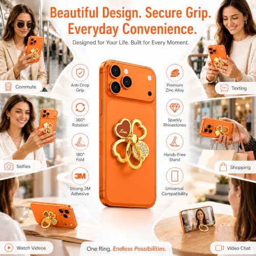 Image of Mizi 2Pack Clover Phone Ring Holder Stand, 360 Rotation & 180 Fold Finger Grip Kickstand, Strong 3M Adhesive, Bling Rhinestone Phone Ring for iPhone, Samsung & Most Smartphones - Gold