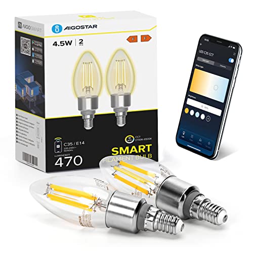 Aigostar Lampadine Smart WiFi E14 Alexa Lampadine Vintage C35 4.5W Edison Lampadina WiFi Dimmerabile 2700K-6500K, Controllo Remoto tramite APP, Compatibile Con Alexa, Google Home, Trasparente 2 pezzi