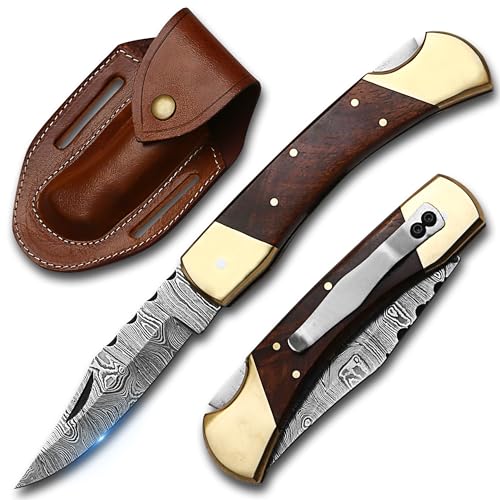 Bodacious Knives BK 110 Hunter Handmade Damascus Pocket Knife with Sheath, 4-7/8